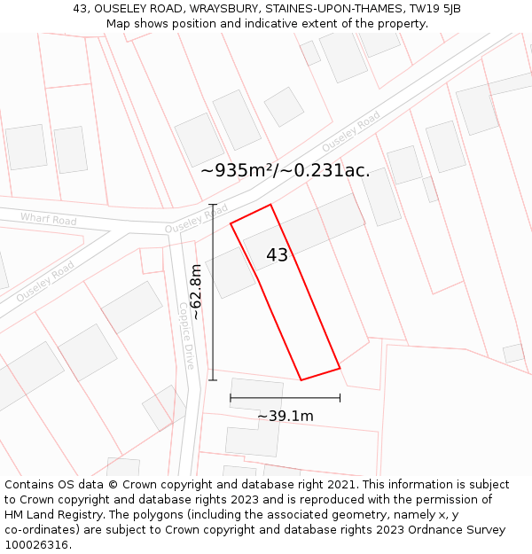 43, OUSELEY ROAD, WRAYSBURY, STAINES-UPON-THAMES, TW19 5JB: Plot and title map