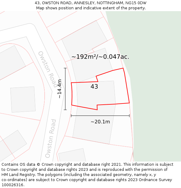 43, OWSTON ROAD, ANNESLEY, NOTTINGHAM, NG15 0DW: Plot and title map