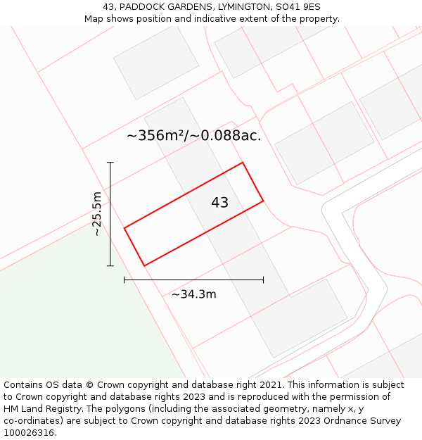 43, PADDOCK GARDENS, LYMINGTON, SO41 9ES: Plot and title map