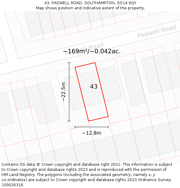 43, PADWELL ROAD, SOUTHAMPTON, SO14 6QY: Plot and title map