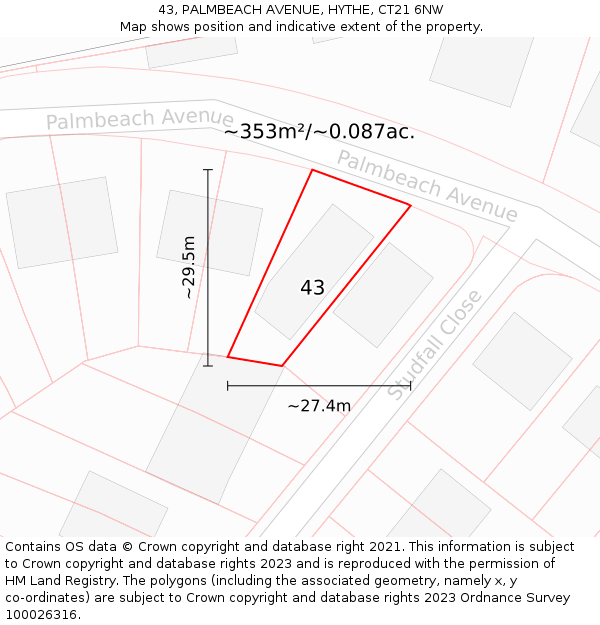 43, PALMBEACH AVENUE, HYTHE, CT21 6NW: Plot and title map