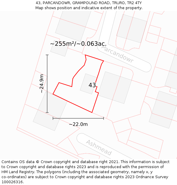 43, PARCANDOWR, GRAMPOUND ROAD, TRURO, TR2 4TY: Plot and title map