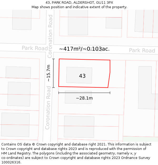 43, PARK ROAD, ALDERSHOT, GU11 3PX: Plot and title map