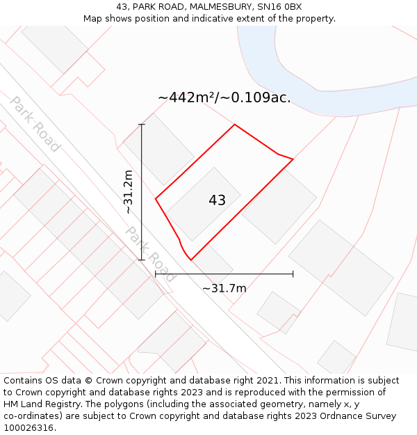 43, PARK ROAD, MALMESBURY, SN16 0BX: Plot and title map