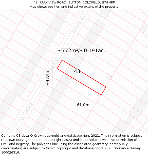 43, PARK VIEW ROAD, SUTTON COLDFIELD, B74 4PR: Plot and title map