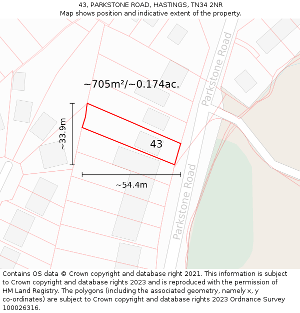 43, PARKSTONE ROAD, HASTINGS, TN34 2NR: Plot and title map