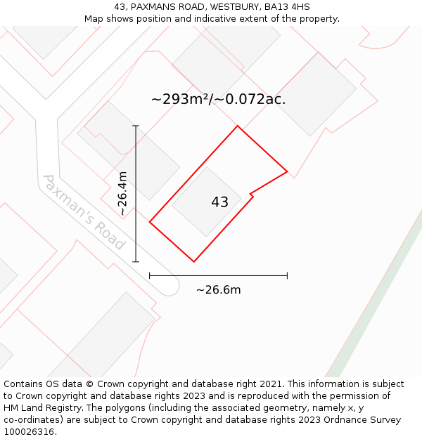 43, PAXMANS ROAD, WESTBURY, BA13 4HS: Plot and title map