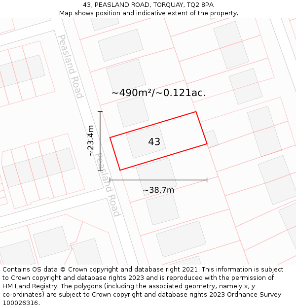 43, PEASLAND ROAD, TORQUAY, TQ2 8PA: Plot and title map