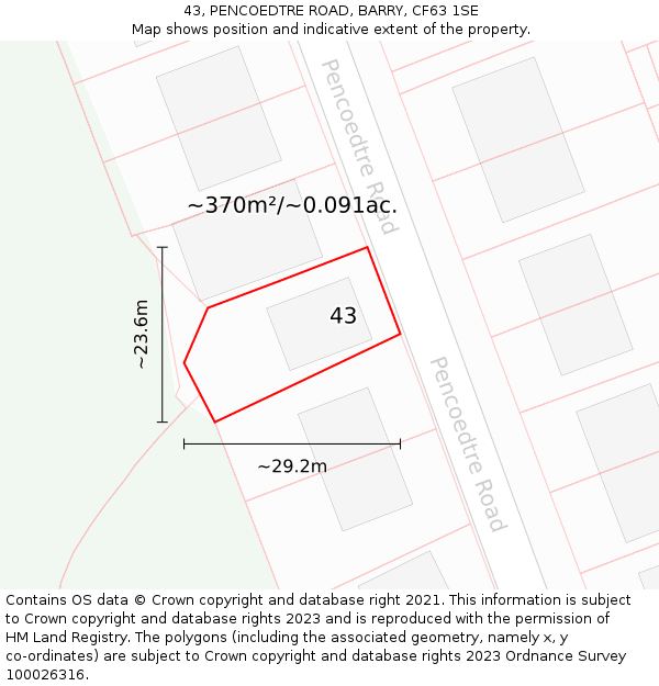 43, PENCOEDTRE ROAD, BARRY, CF63 1SE: Plot and title map