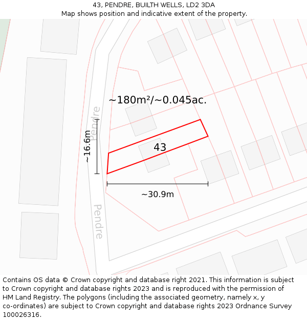 43, PENDRE, BUILTH WELLS, LD2 3DA: Plot and title map