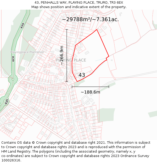 43, PENHALLS WAY, PLAYING PLACE, TRURO, TR3 6EX: Plot and title map