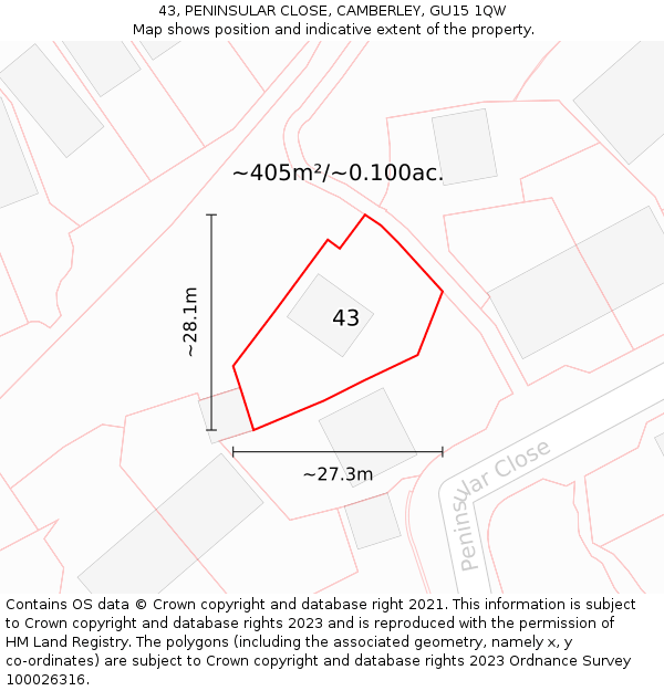 43, PENINSULAR CLOSE, CAMBERLEY, GU15 1QW: Plot and title map