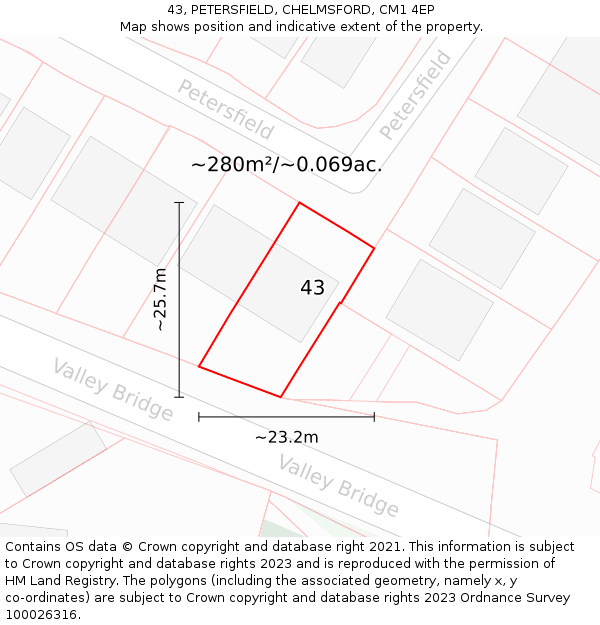 43, PETERSFIELD, CHELMSFORD, CM1 4EP: Plot and title map