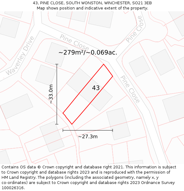 43, PINE CLOSE, SOUTH WONSTON, WINCHESTER, SO21 3EB: Plot and title map