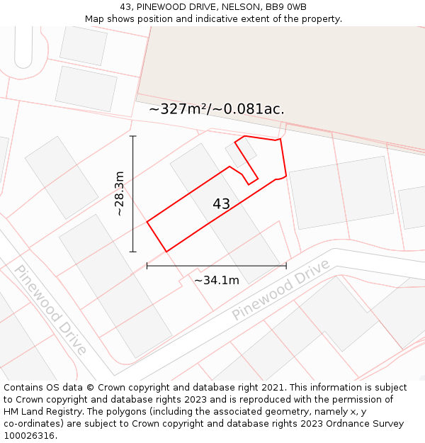 43, PINEWOOD DRIVE, NELSON, BB9 0WB: Plot and title map