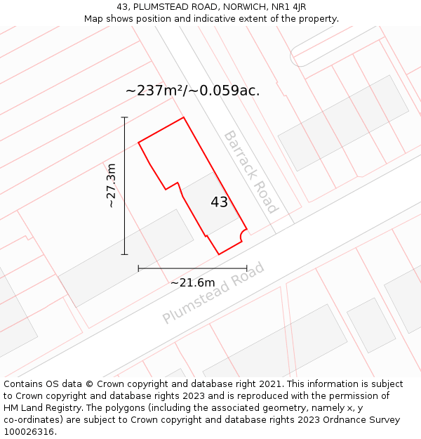 43, PLUMSTEAD ROAD, NORWICH, NR1 4JR: Plot and title map