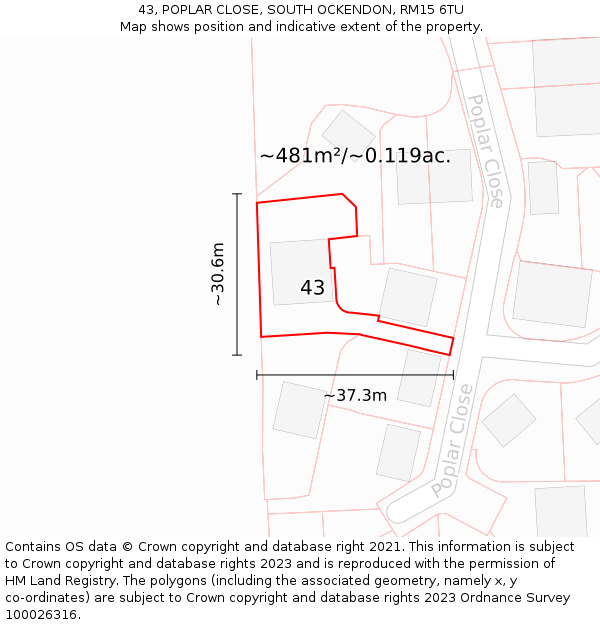 43, POPLAR CLOSE, SOUTH OCKENDON, RM15 6TU: Plot and title map