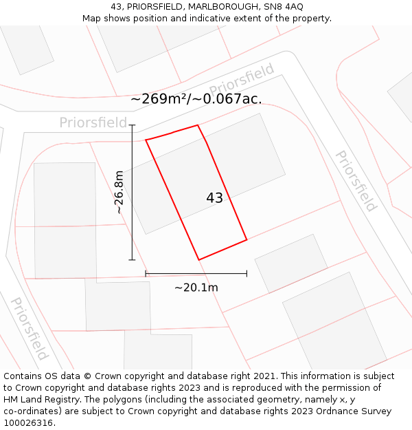 43, PRIORSFIELD, MARLBOROUGH, SN8 4AQ: Plot and title map