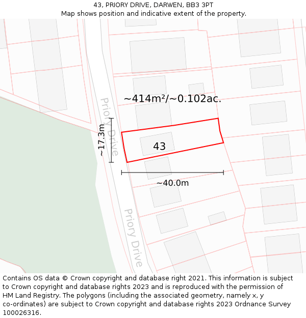 43, PRIORY DRIVE, DARWEN, BB3 3PT: Plot and title map