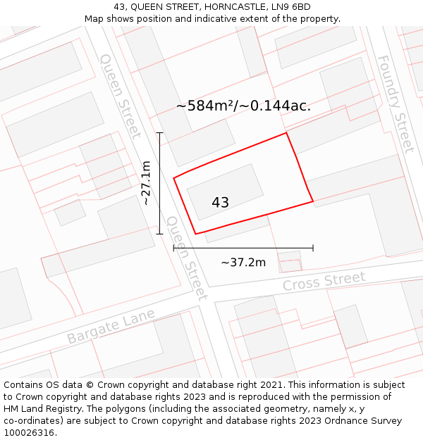 43, QUEEN STREET, HORNCASTLE, LN9 6BD: Plot and title map