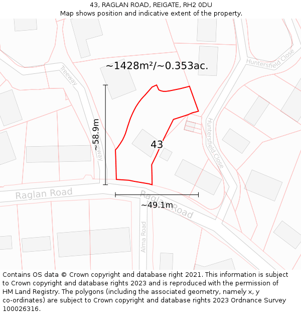 43, RAGLAN ROAD, REIGATE, RH2 0DU: Plot and title map