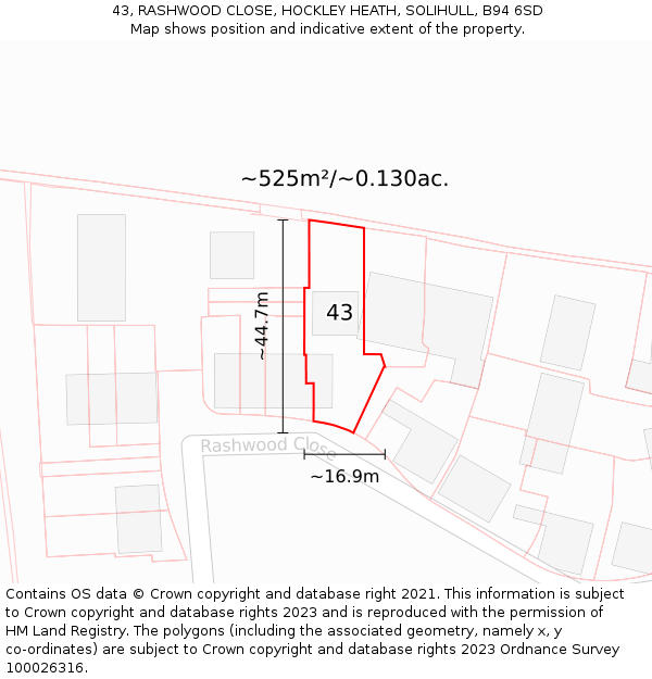 43, RASHWOOD CLOSE, HOCKLEY HEATH, SOLIHULL, B94 6SD: Plot and title map