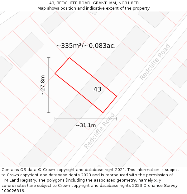 43, REDCLIFFE ROAD, GRANTHAM, NG31 8EB: Plot and title map