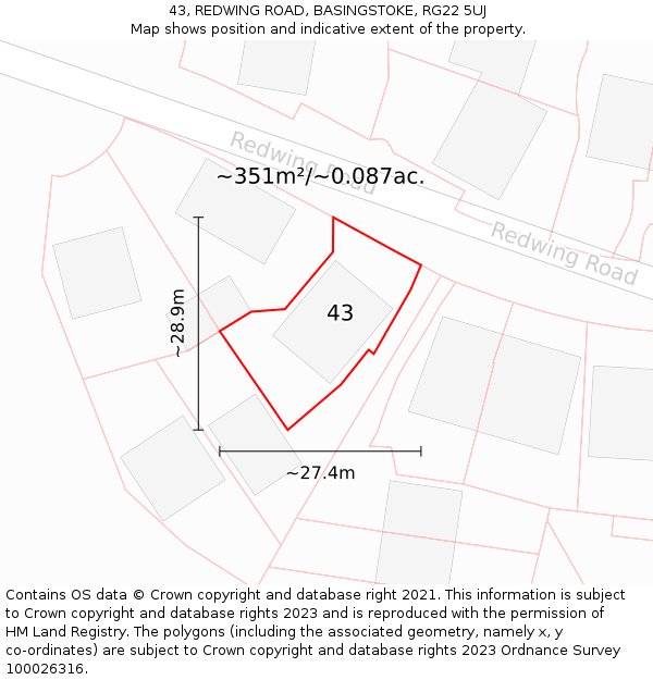 43, REDWING ROAD, BASINGSTOKE, RG22 5UJ: Plot and title map