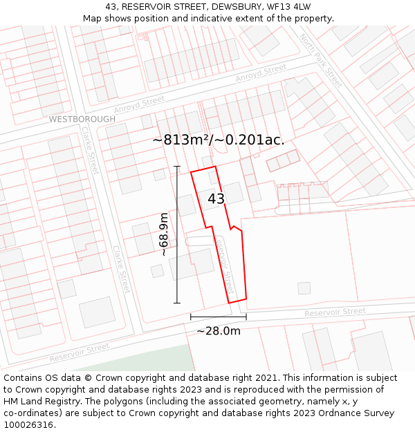 43, RESERVOIR STREET, DEWSBURY, WF13 4LW: Plot and title map
