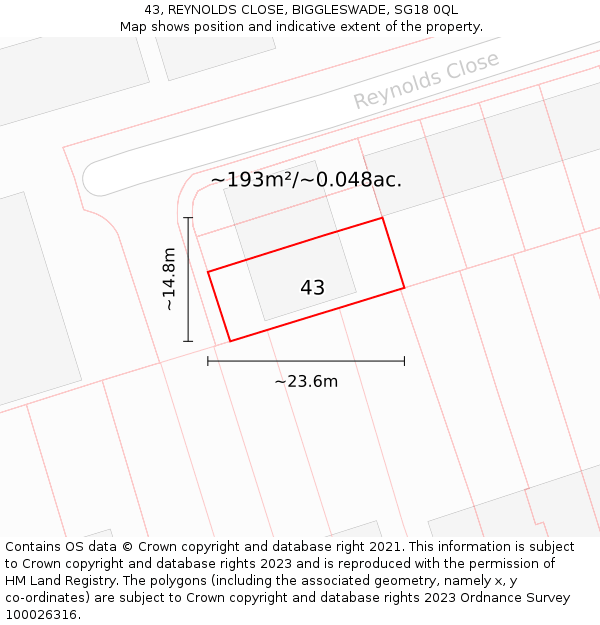 43, REYNOLDS CLOSE, BIGGLESWADE, SG18 0QL: Plot and title map