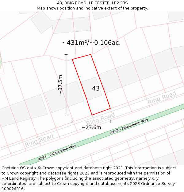43, RING ROAD, LEICESTER, LE2 3RS: Plot and title map
