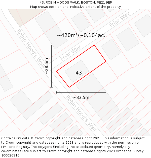 43, ROBIN HOODS WALK, BOSTON, PE21 9EP: Plot and title map