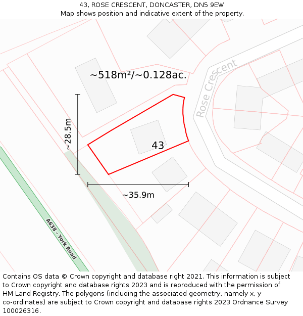 43, ROSE CRESCENT, DONCASTER, DN5 9EW: Plot and title map