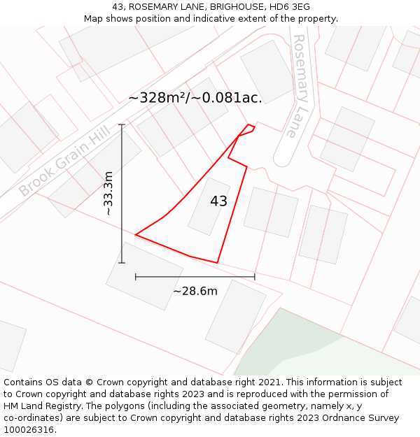 43, ROSEMARY LANE, BRIGHOUSE, HD6 3EG: Plot and title map