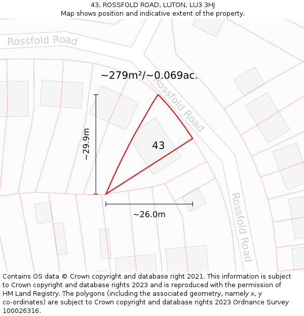 43, ROSSFOLD ROAD, LUTON, LU3 3HJ: Plot and title map