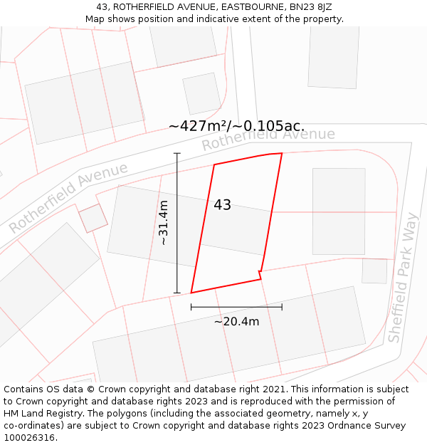 43, ROTHERFIELD AVENUE, EASTBOURNE, BN23 8JZ: Plot and title map