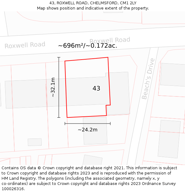 43, ROXWELL ROAD, CHELMSFORD, CM1 2LY: Plot and title map