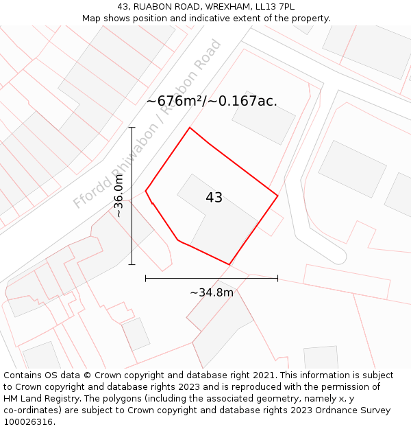 43, RUABON ROAD, WREXHAM, LL13 7PL: Plot and title map