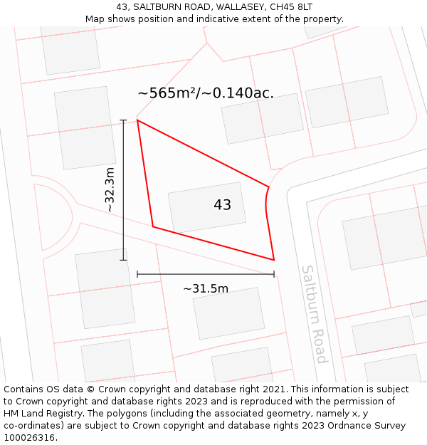 43, SALTBURN ROAD, WALLASEY, CH45 8LT: Plot and title map