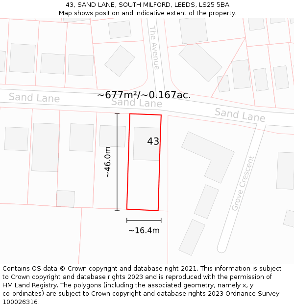 43, SAND LANE, SOUTH MILFORD, LEEDS, LS25 5BA: Plot and title map