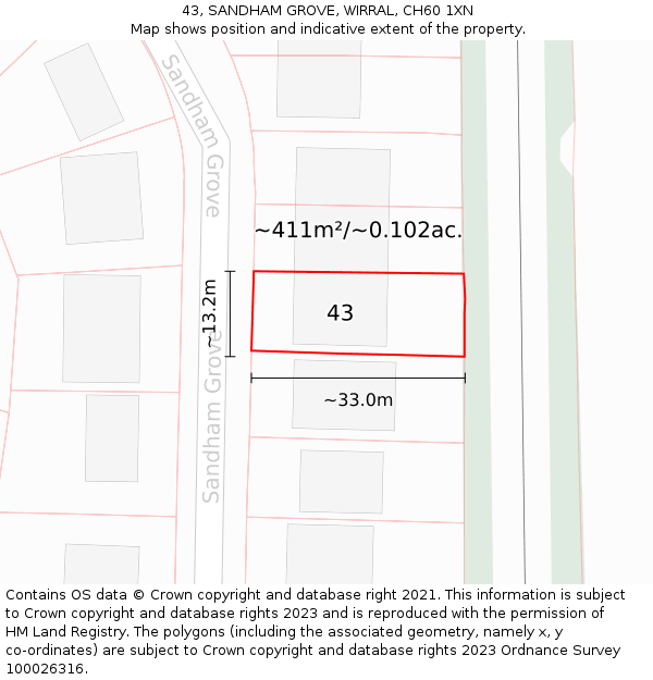 43, SANDHAM GROVE, WIRRAL, CH60 1XN: Plot and title map