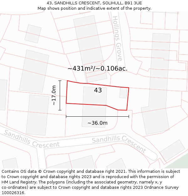 43, SANDHILLS CRESCENT, SOLIHULL, B91 3UE: Plot and title map