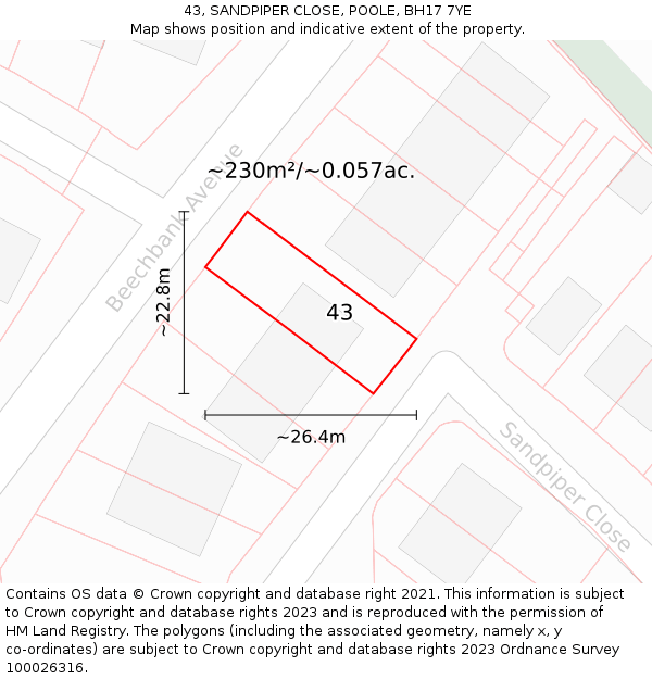 43, SANDPIPER CLOSE, POOLE, BH17 7YE: Plot and title map