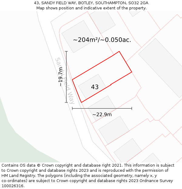 43, SANDY FIELD WAY, BOTLEY, SOUTHAMPTON, SO32 2GA: Plot and title map