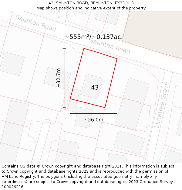 43, SAUNTON ROAD, BRAUNTON, EX33 1HD: Plot and title map