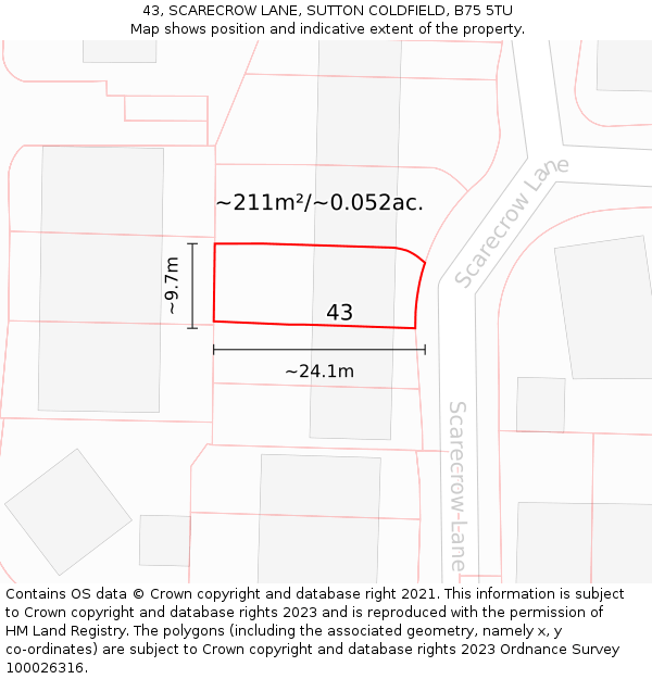 43, SCARECROW LANE, SUTTON COLDFIELD, B75 5TU: Plot and title map