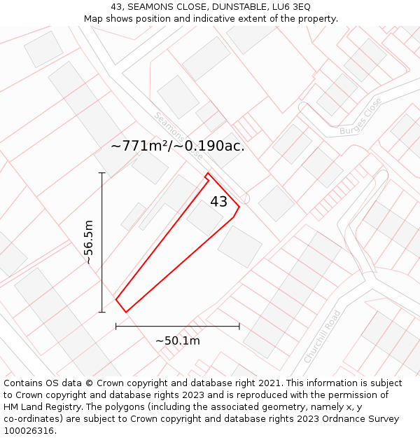 43, SEAMONS CLOSE, DUNSTABLE, LU6 3EQ: Plot and title map