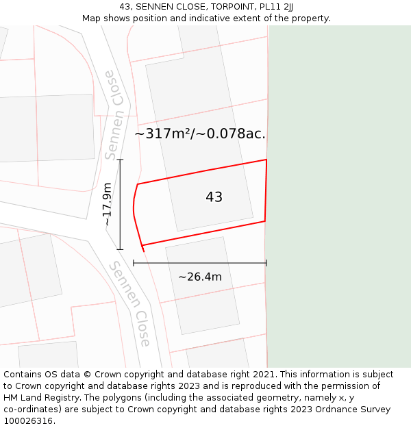 43, SENNEN CLOSE, TORPOINT, PL11 2JJ: Plot and title map