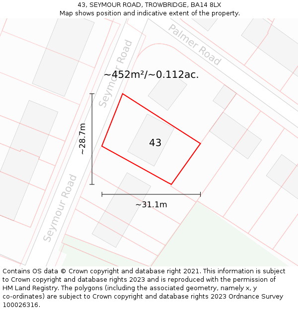 43, SEYMOUR ROAD, TROWBRIDGE, BA14 8LX: Plot and title map