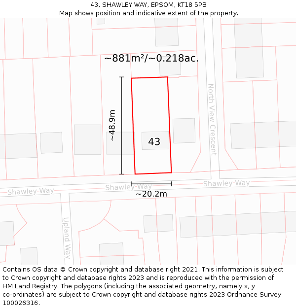 43, SHAWLEY WAY, EPSOM, KT18 5PB: Plot and title map
